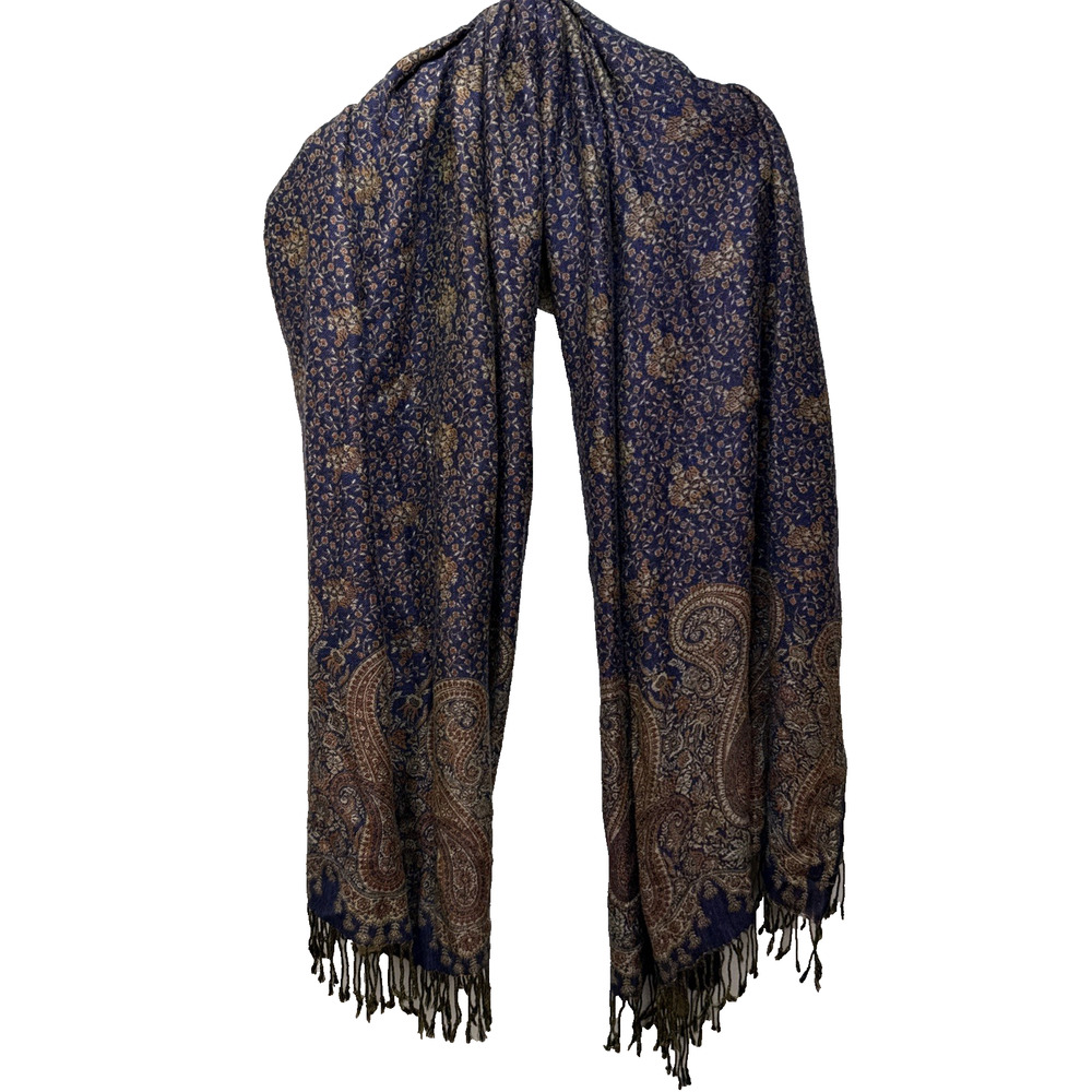 Kashmiri Jamawar Shawl Wrap Scarf Blue Gold Paisley Cashmere Wool Pashmina Stole